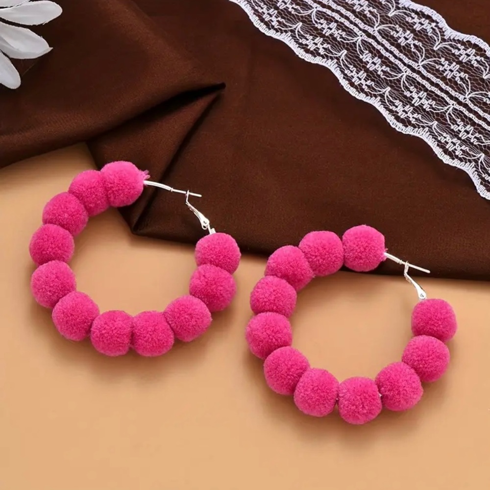 NWT Hot Pink Furry Flocking Ball Decor Hoop Earrings